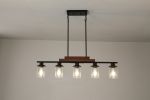 Farmhouse Industrial 5-Light Kitchen Island Pendant Light, Metal Wood Chandelier with Clear Glass Shades