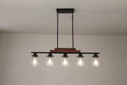 Farmhouse Industrial 5-Light Kitchen Island Pendant Light, Metal Wood Chandelier with Clear Glass Shades