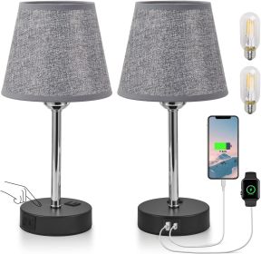 Bedside Table Lamps Set of 2 -LED Bulbs Included, Touch Control Lamp with USB C+A Charging Ports & AC Outlet, 3-Way Dimmable (Lampshade Color: GRAY)