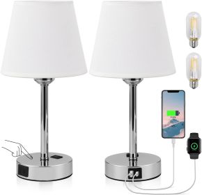 Bedside Table Lamps Set of 2 -LED Bulbs Included, Touch Control Lamp with USB C+A Charging Ports & AC Outlet, 3-Way Dimmable (Lampshade Color: White)